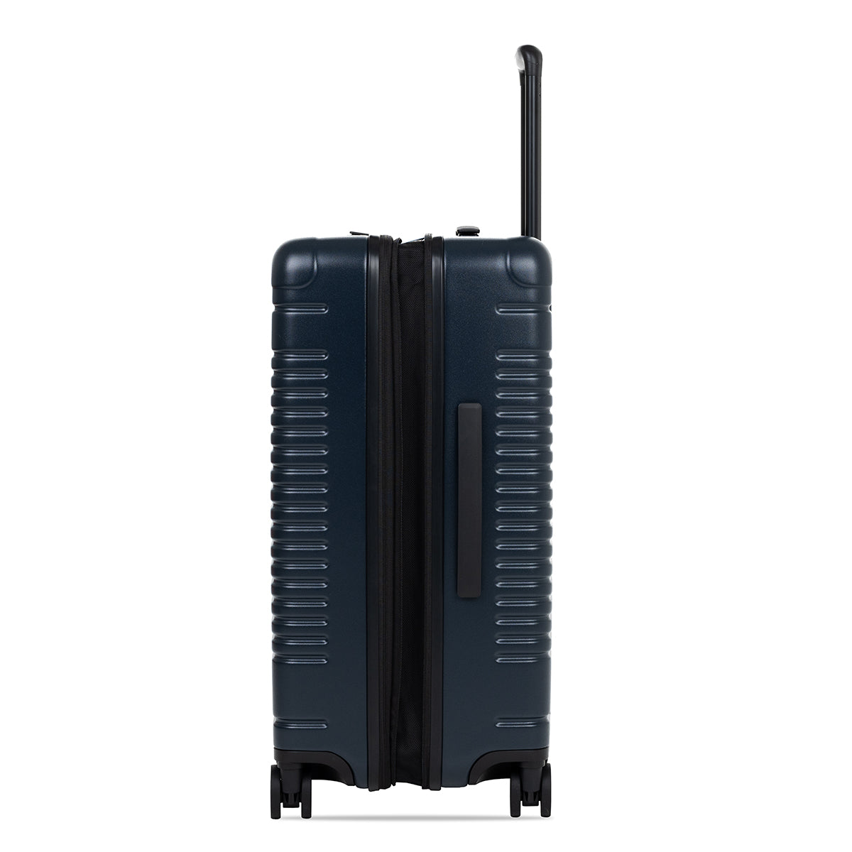Side view of the expandable check-in medium in navy, shown expanded