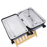 Open expandable carry-on max in navy showing both sides of the interior with divider panel
