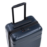 Top-down view of the expandable carry-on max in navy showing the lock