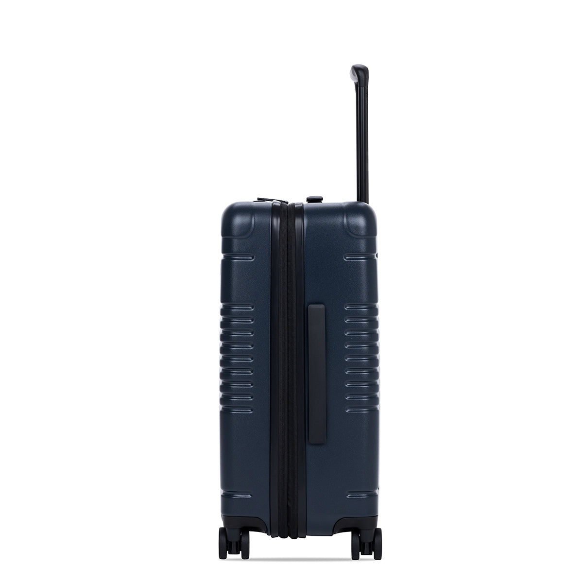 Side view of the expandable carry-on max in navy