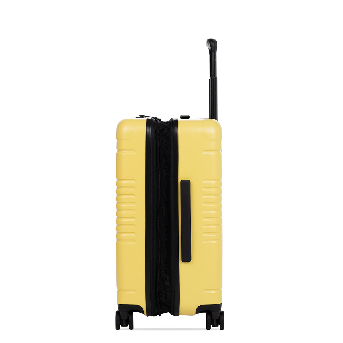 Side view of the expandable carry-on max in lemon, shown expanded