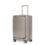champagne carry-on max with front pocket front angle with front pocket closed view. 