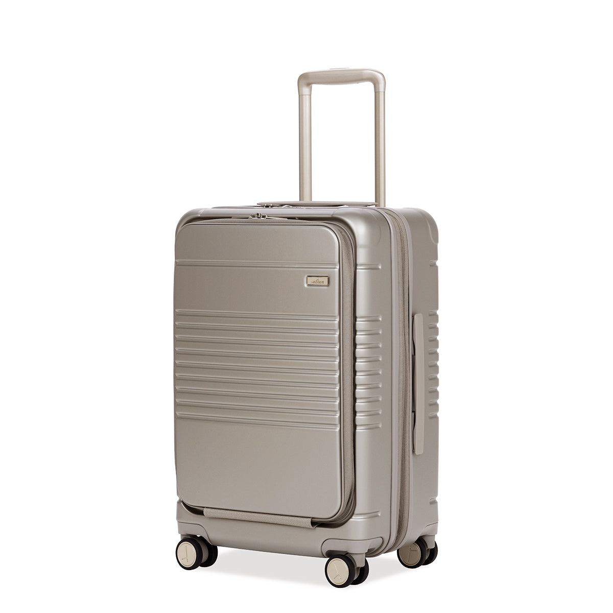 champagne carry-on max with front pocket front angle with front pocket closed view. 