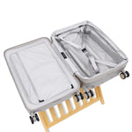 champagne carry-on max with front pocket expandable flat lay open view of both sides of the interior and compression system.