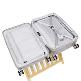 champagne carry-on max with front pocket expandable flat lay open view of both sides of the interior and compression system with removable divider panel