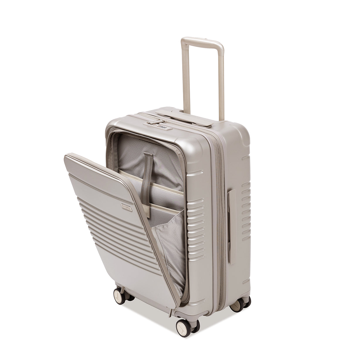 champagne carry-on max with front pocket front angle with front pocket open view. 
