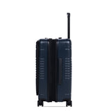 navy carry-on max with front pocket side view expanded