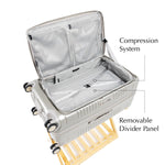 champagne trunk interview view with removable divider and compression straps
