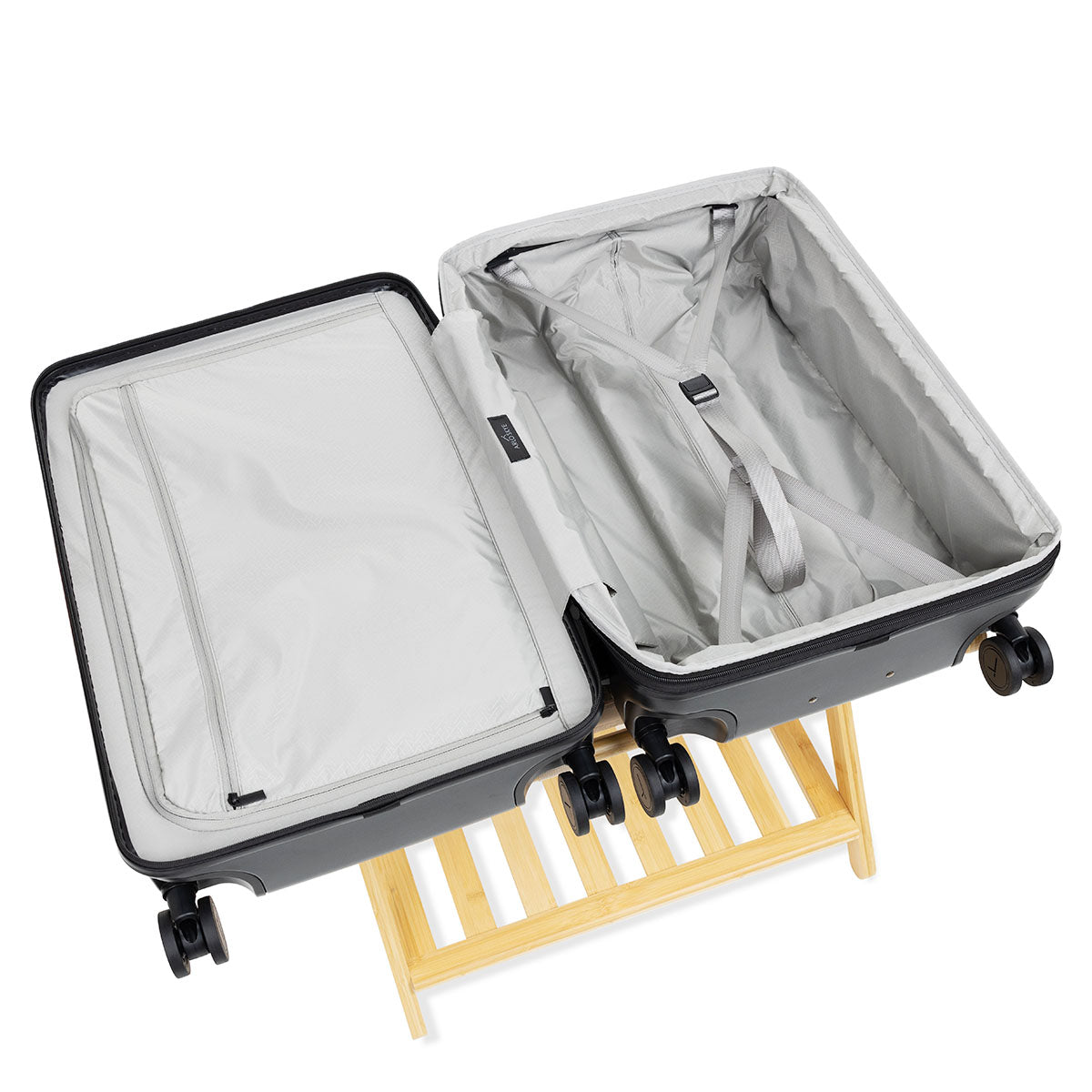 Open expandable check-in medium in black showing both sides of the interior