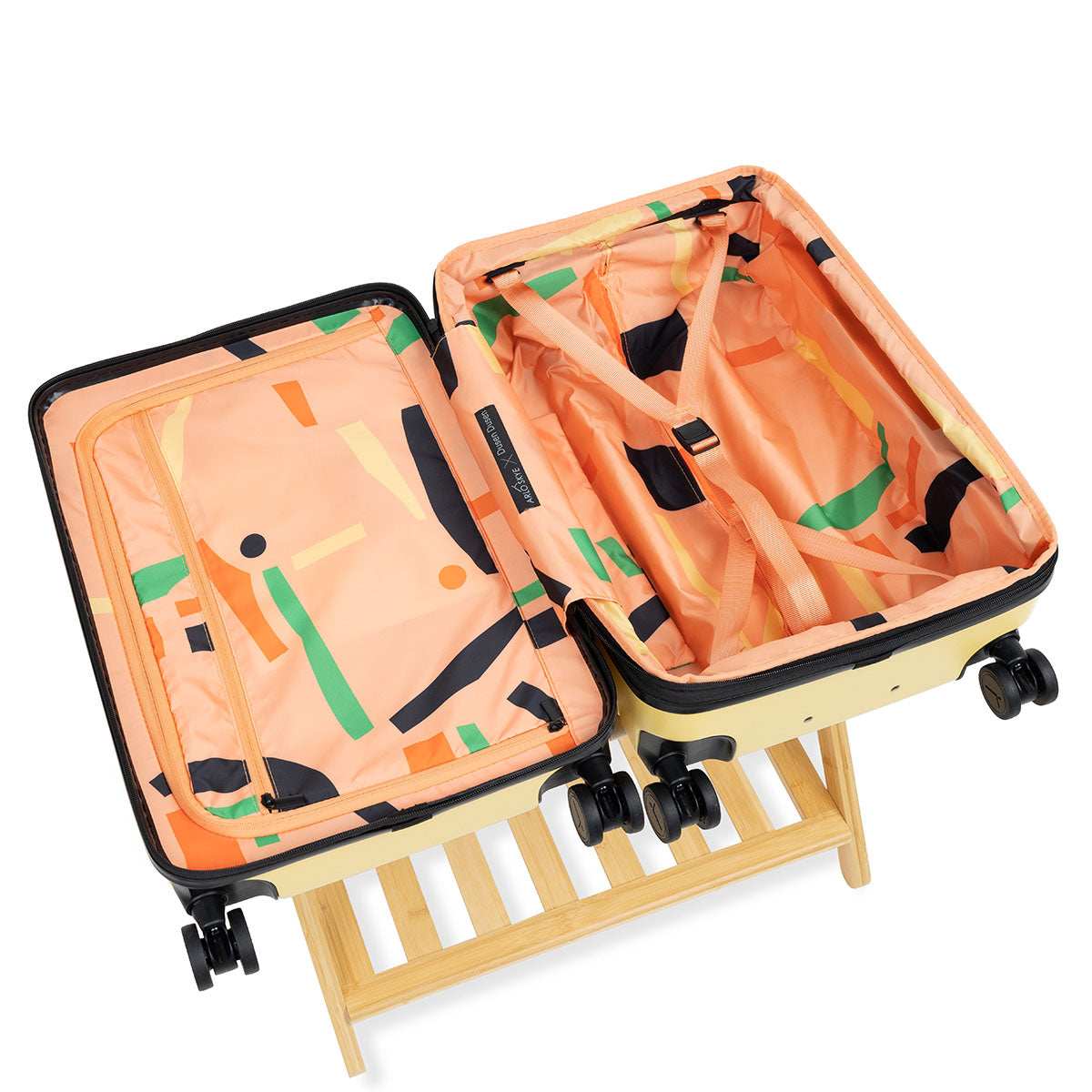 Open expandable check-in medium in lemon showing both sides of the interior