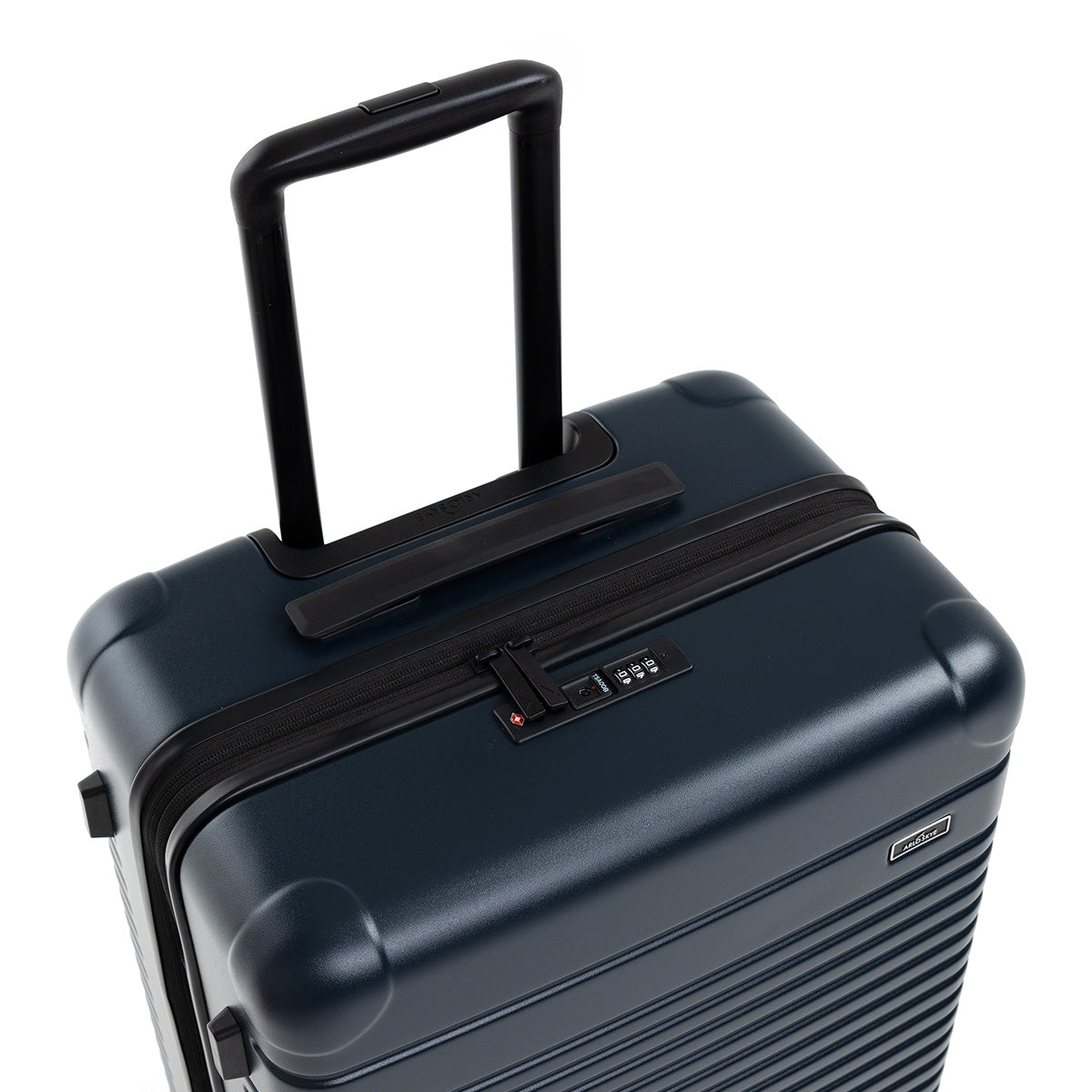 Top-down view of the expandable check-in medium in navy showing the lock