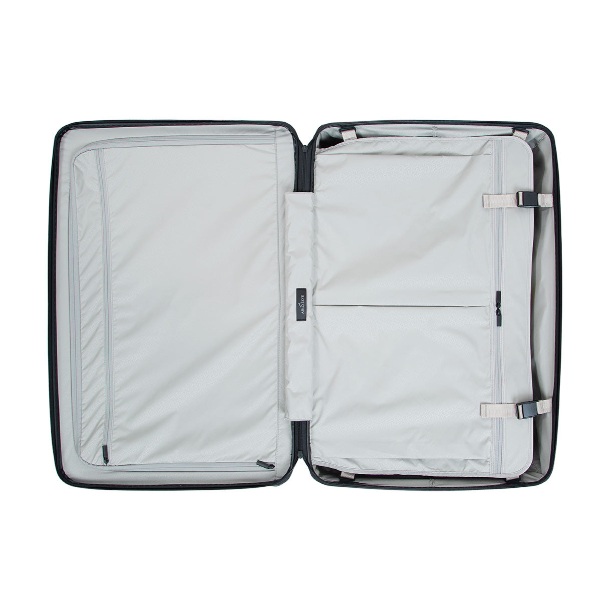 black color Zipper Check in Large is opened flat like a clamshell, revealing a grey interior where the left compartment is fully zipped shut to secure items, and the right compartment is covered and held down by a buckled fabric panel