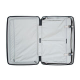 navy color Zipper Check in Large is opened flat like a clamshell, revealing a grey interior where the left compartment is fully zipped shut to secure items, and the right compartment is covered and held down by a buckled fabric panel