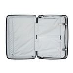 sage color Zipper Check in Large is opened flat like a clamshell, revealing a grey interior where the left compartment is fully zipped shut to secure items, and the right compartment is covered and held down by a buckled fabric panel