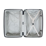 black color Zipper Check in Large suitcase is opened flat like a clamshell, revealing a grey interior with an X shaped compression strap