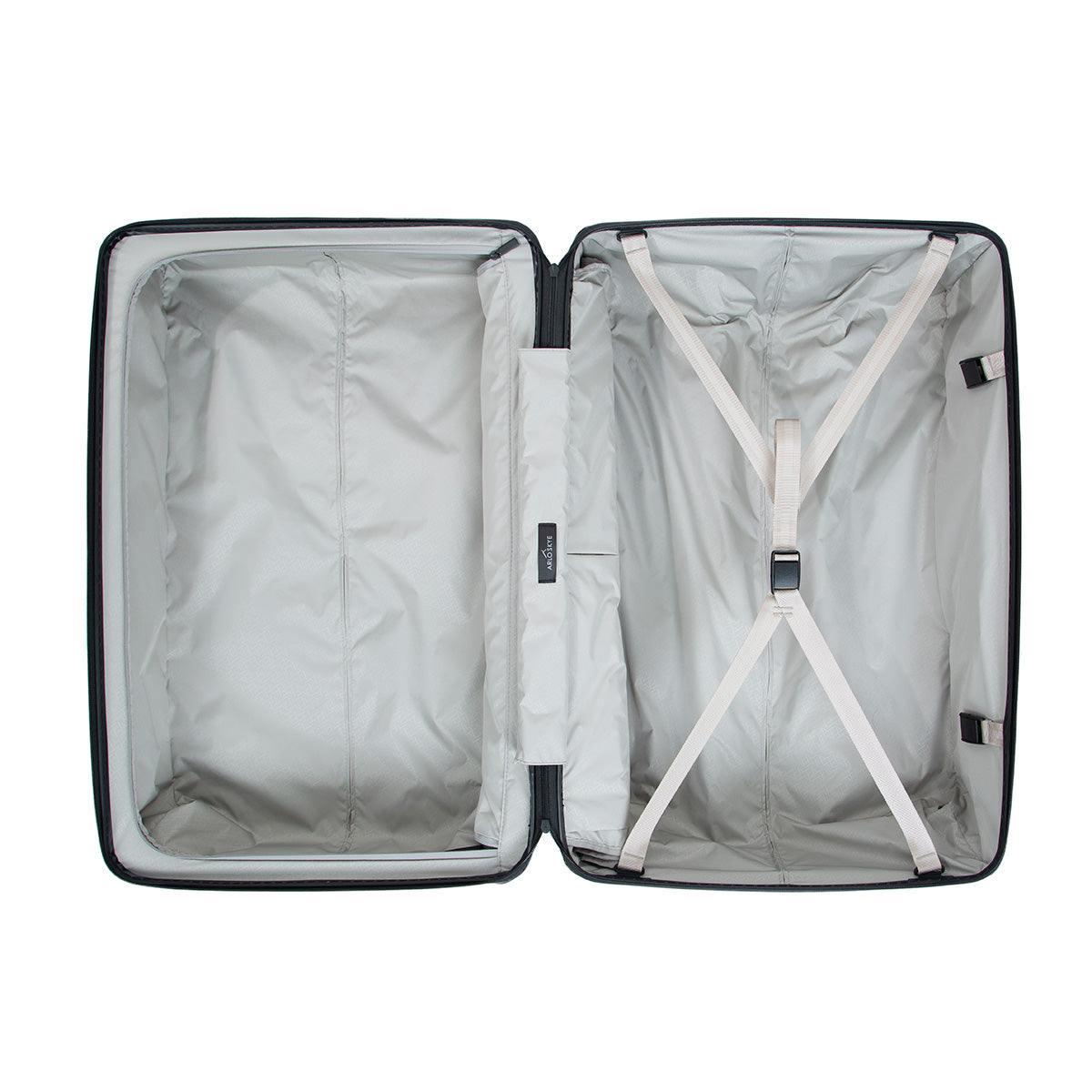 navy color Zipper Check in Large suitcase is opened flat like a clamshell, revealing a grey interior with an X shaped compression strap