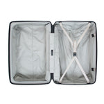 Sage color Zipper Check in Large suitcase is opened flat like a clamshell, revealing a grey interior with an X shaped compression strap