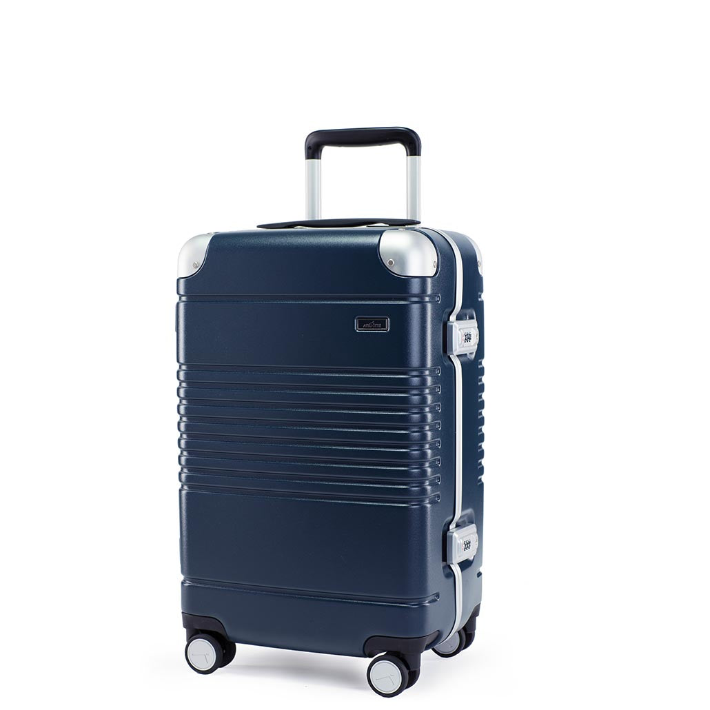 Left facing view of frame carry-on in navy blue 