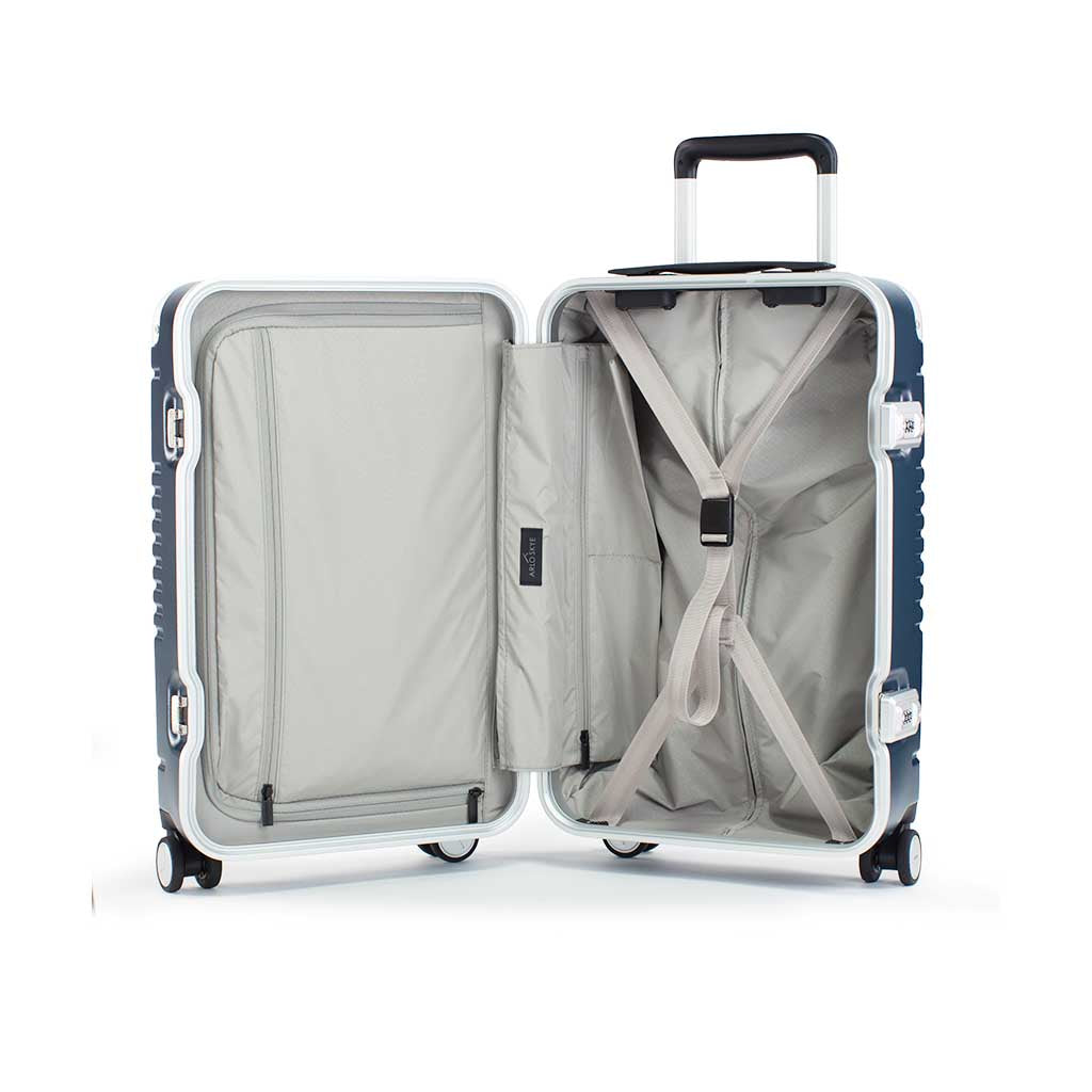 Open frame carry-on in navy blue showing the interior of both sides 
