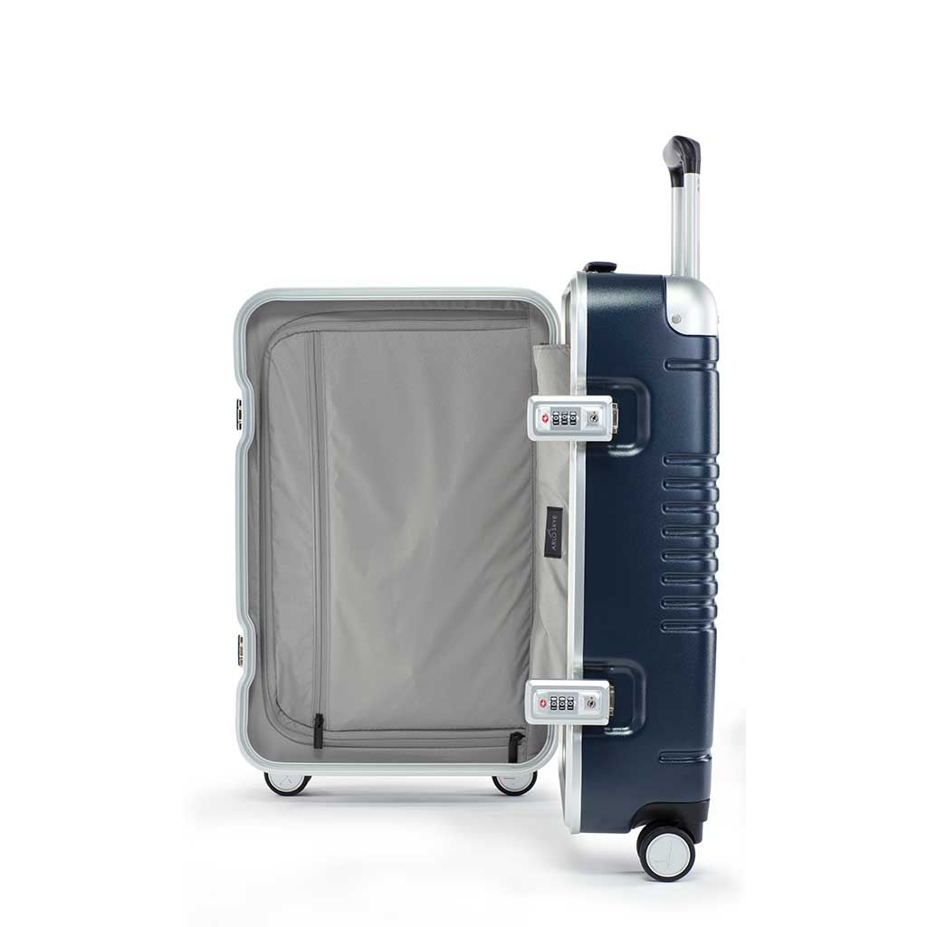 Side view of the frame carry-on in navy blue showing the interior of the right shell
