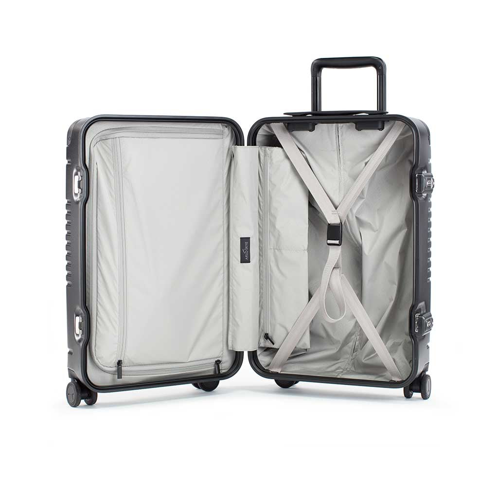 Open frame carry-on max in black showing both sides of the interior