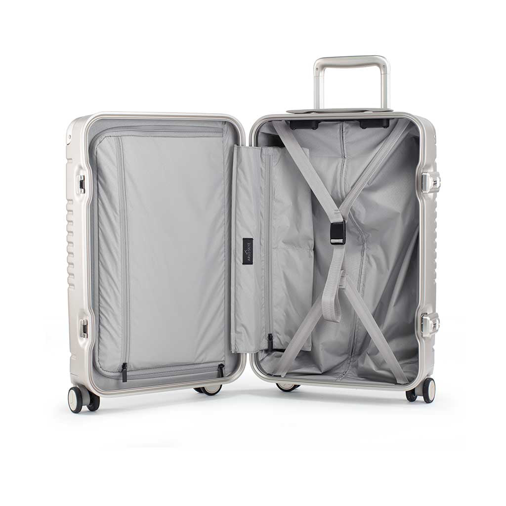 Open frame carry-on max in champagne bag showing both sides of the interior