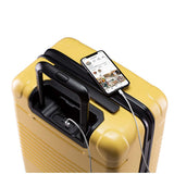 Top view of the zipper carry-on max in yellow with spare charger in use