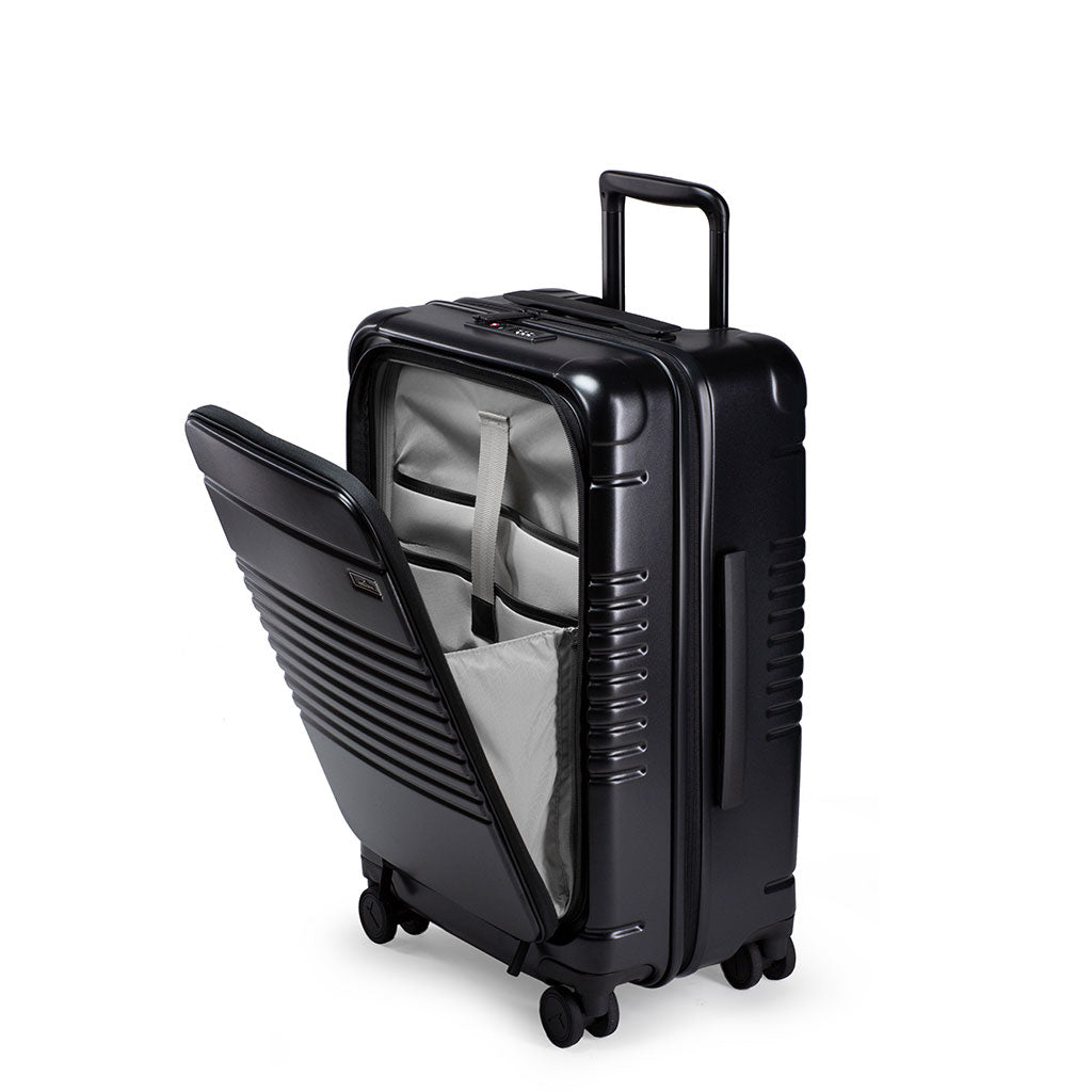 Left facing view of the zipper carry-on max with front pocket in black