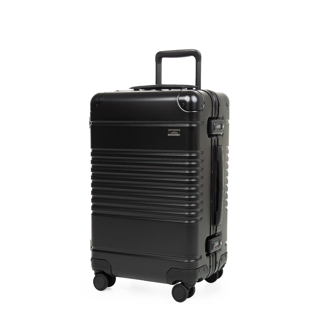 Front 3/4 angle view of the frame carry-on max in black aluminum edition