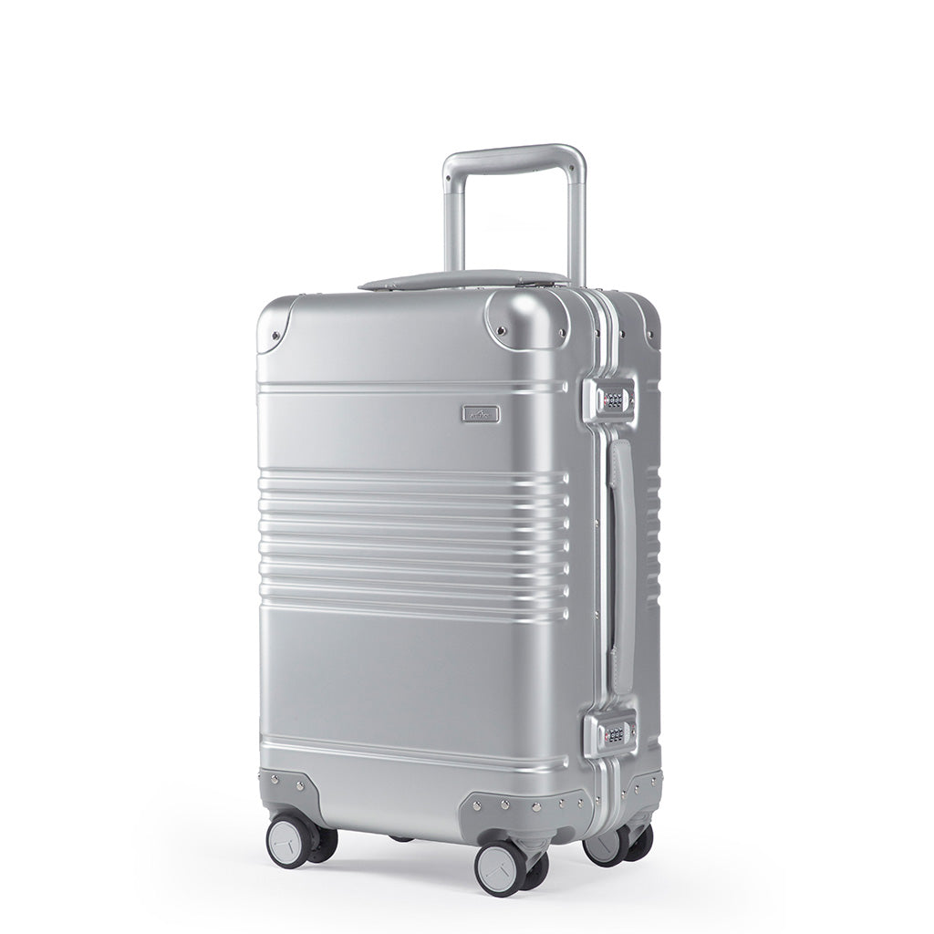 Left facing view of the frame carry-on in silver aluminum edition 