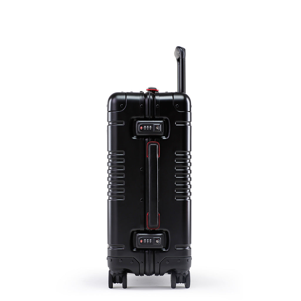 Side view of the frame carry-on in black with red details aluminum edition