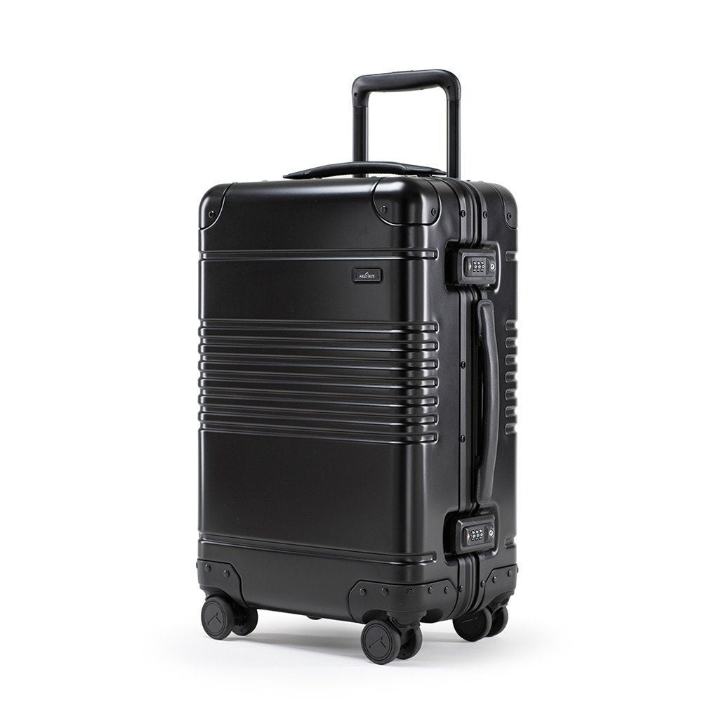 Left facing view of the frame carry-on in black  aluminum edition