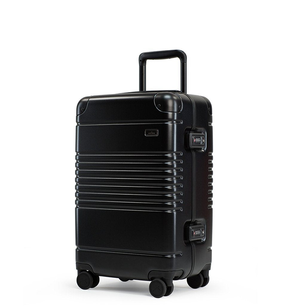 Left facing view of frame carry-on in black