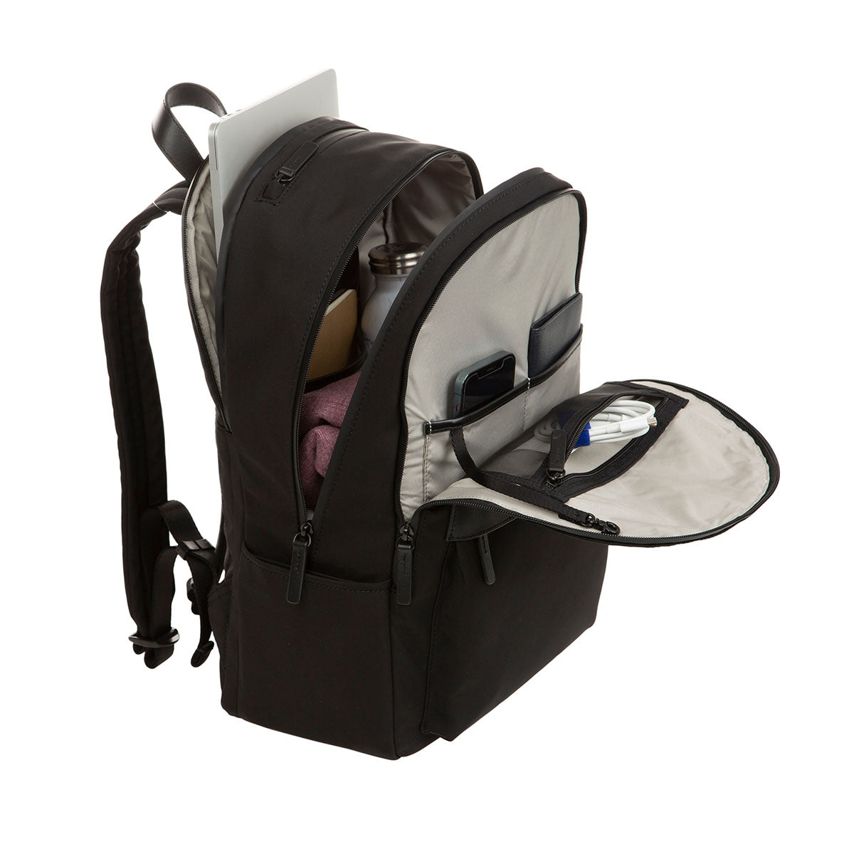 black backpack - 3/4 angle view with all  3 main compartments open view