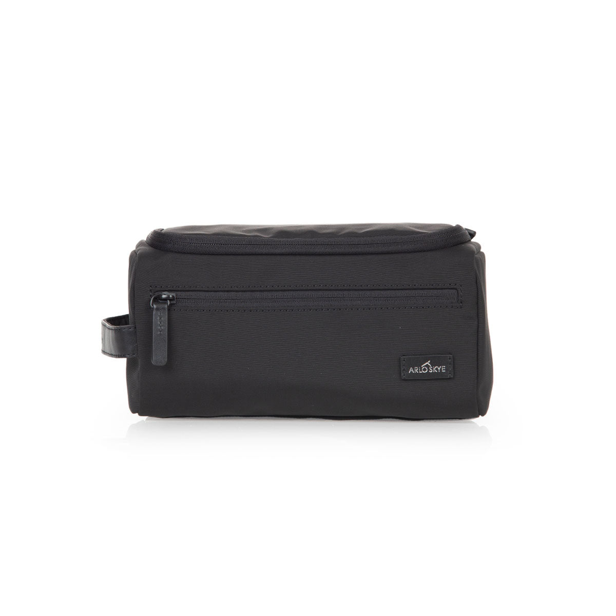 toiletry bag in black color showing exterior closed view.