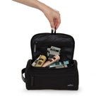 toiletry bag in black color showing interior view.