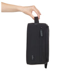 toiletry bag in black color showing exterior view in vertical orientation.