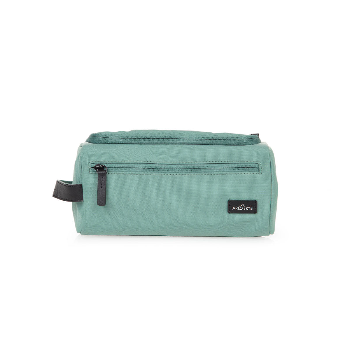 toiletry bag in mint color showing exterior closed  view.