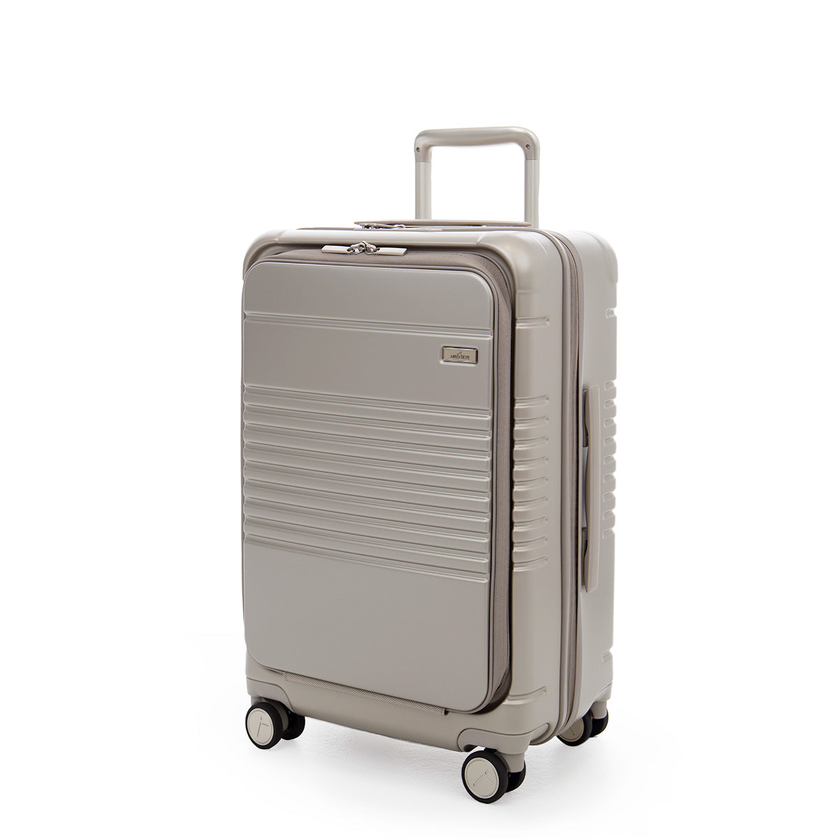 zipper carry-on max with front pocket in champagne color - side angle with pocket closed
