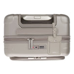 zipper carry-on max with front pocket in champagne color - lock and leather tag view from top down
