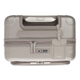 zipper carry-on max with front pocket in champagne color - lock and leather tag view from top down