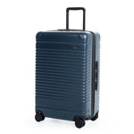 Left facing view of the zipper check-in in navy blue